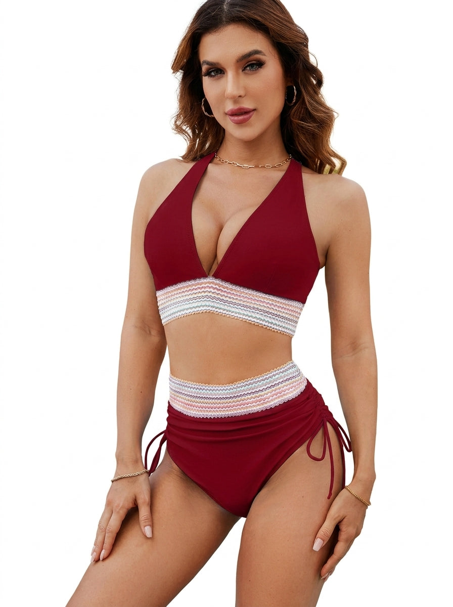 Bikini de mujer con cuello halter y braga de talle alto con cordones laterales-Swimwear for women-Casaluzia