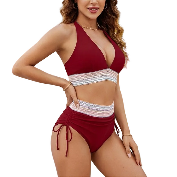 Bikini de mujer con cuello halter y braga de talle alto con cordones laterales