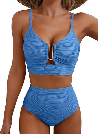 Bikini de mujer de dos piezas con tejido texturizado y detalle metálico central-Swimwear for women-Casaluzia