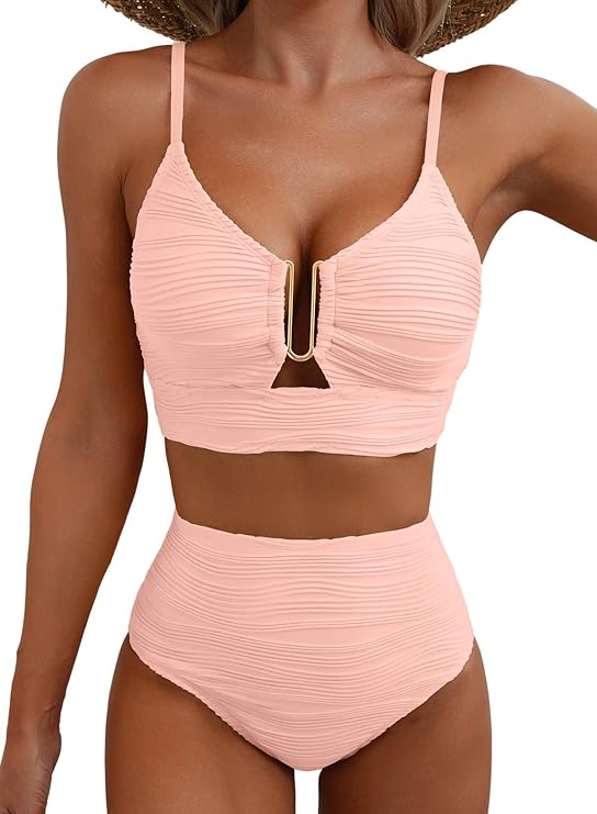 Bikini de mujer de dos piezas con tejido texturizado y detalle metálico central-Swimwear for women-Casaluzia