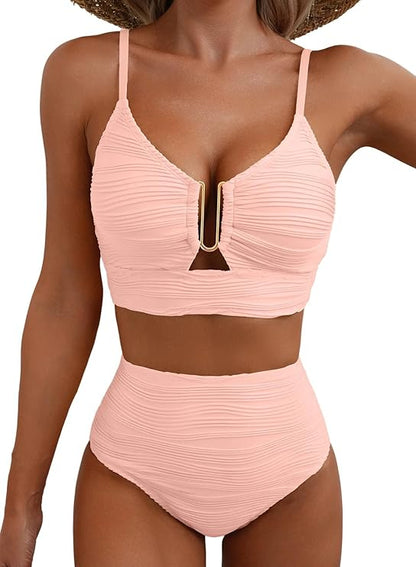 Bikini de mujer de dos piezas con tejido texturizado y detalle metálico central-Swimwear for women-Casaluzia
