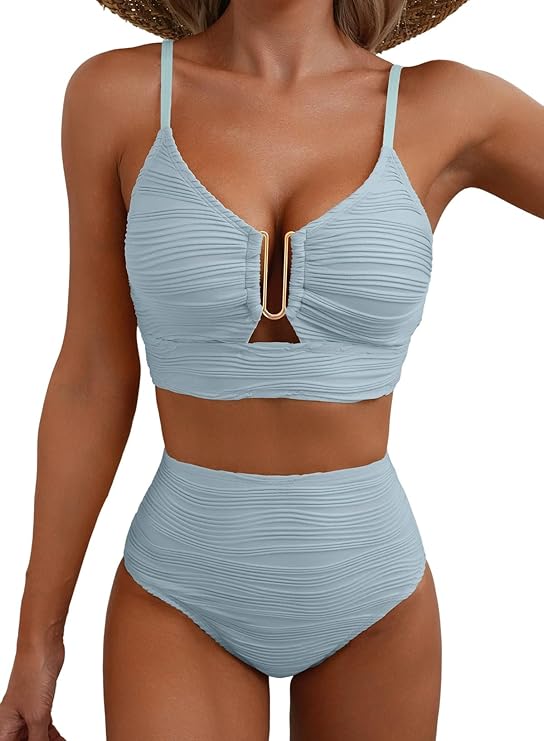 Bikini de mujer de dos piezas con tejido texturizado y detalle metálico central-Swimwear for women-Casaluzia