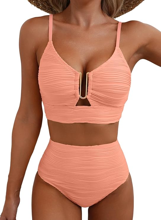 Bikini de mujer de dos piezas con tejido texturizado y detalle metálico central-Swimwear for women-Casaluzia