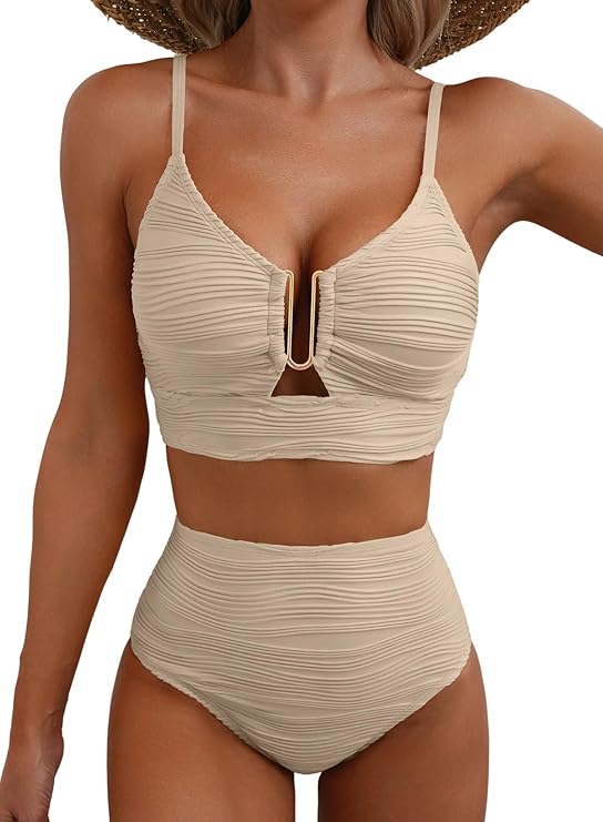 Bikini de mujer de dos piezas con tejido texturizado y detalle metálico central-Swimwear for women-Casaluzia