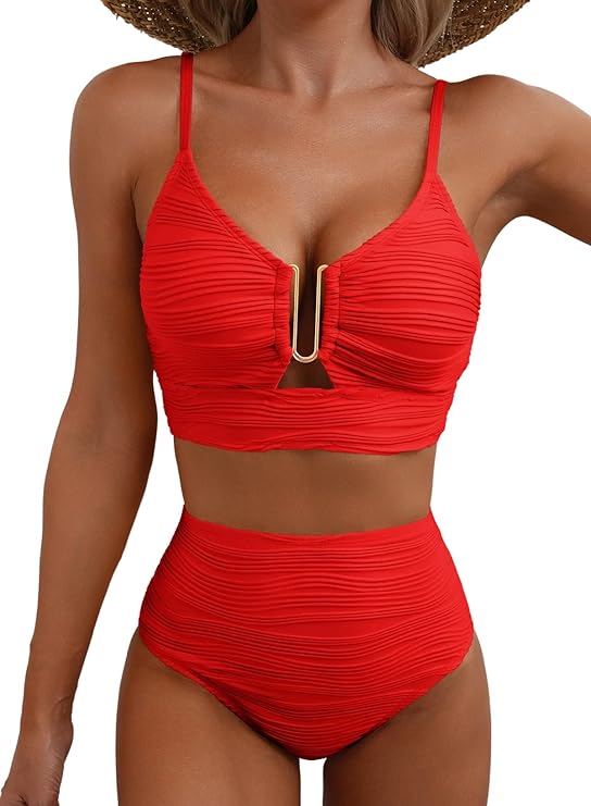 Bikini de mujer de dos piezas con tejido texturizado y detalle metálico central-Swimwear for women-Casaluzia