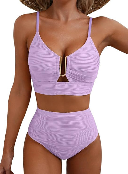 Bikini de mujer de dos piezas con tejido texturizado y detalle metálico central-Swimwear for women-Casaluzia