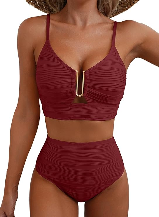 Bikini de mujer de dos piezas con tejido texturizado y detalle metálico central-Swimwear for women-Casaluzia