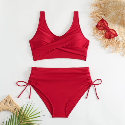 Bikini de talle alto para mujer con lazos laterales-Swimwear for Women-Casaluzia