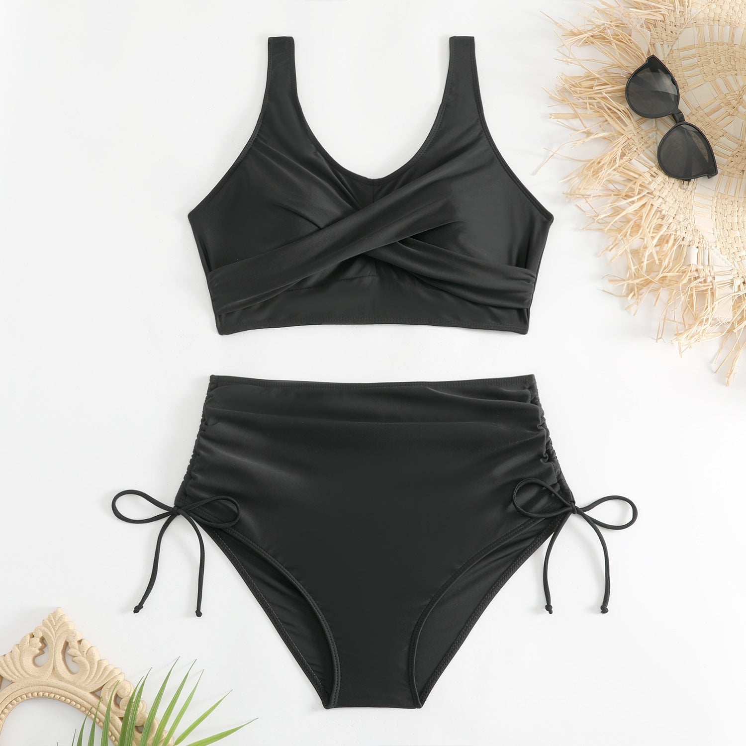 Bikini de talle alto para mujer con lazos laterales-Swimwear for Women-Casaluzia