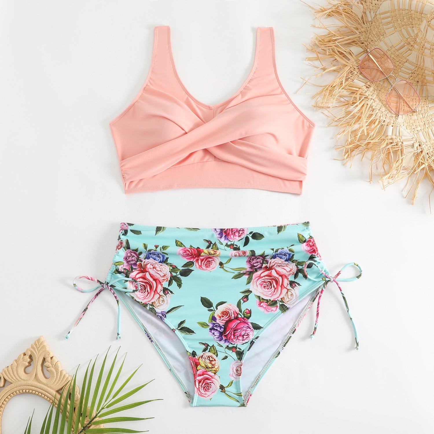 Bikini de talle alto para mujer con lazos laterales-Swimwear for Women-Casaluzia