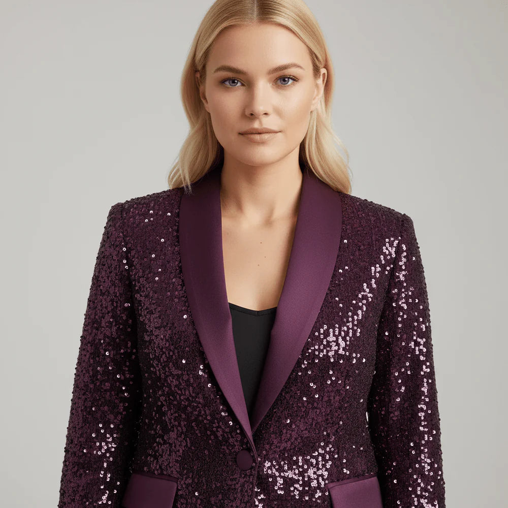 Blazer de Lentejuelas para Mujer con Cuello Chal y Cierre de Un Botón-Blazer for women-Casaluzia