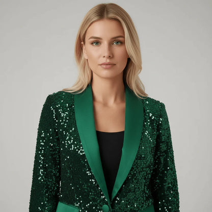 Blazer de Lentejuelas para Mujer con Cuello Chal y Cierre de Un Botón-Blazer for women-Casaluzia