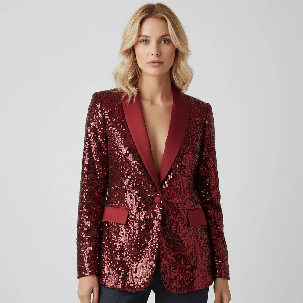 Blazer de Lentejuelas para Mujer con Cuello Chal y Cierre de Un Botón-Blazer for women-Casaluzia