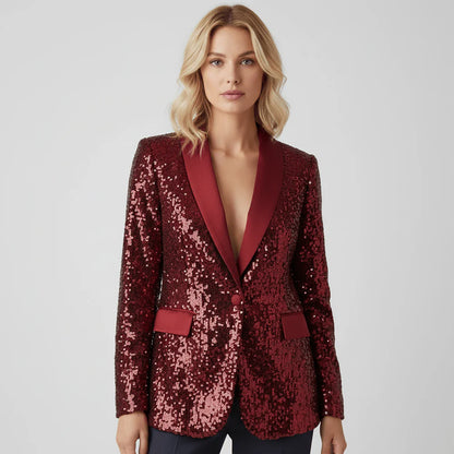 Blazer de Lentejuelas para Mujer con Cuello Chal y Cierre de Un Botón-Blazer for women-Casaluzia