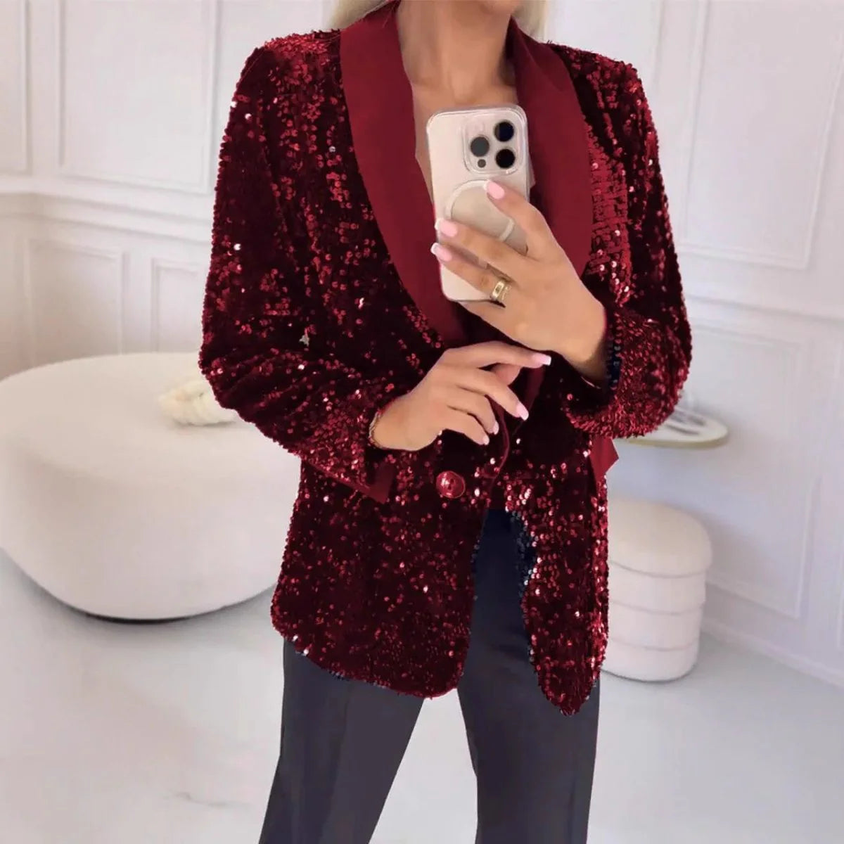 Blazer de Lentejuelas para Mujer con Cuello Chal y Cierre de Un Botón-Blazer for women-Casaluzia