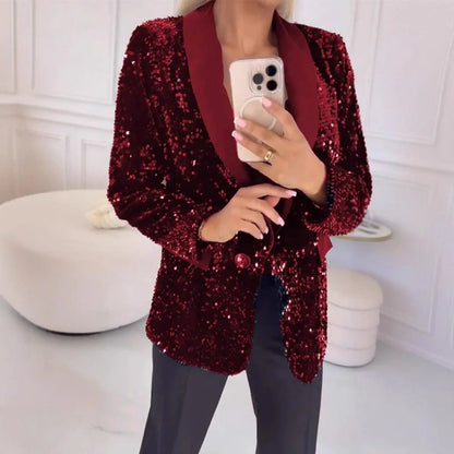 Blazer de Lentejuelas para Mujer con Cuello Chal y Cierre de Un Botón-Blazer for women-Casaluzia