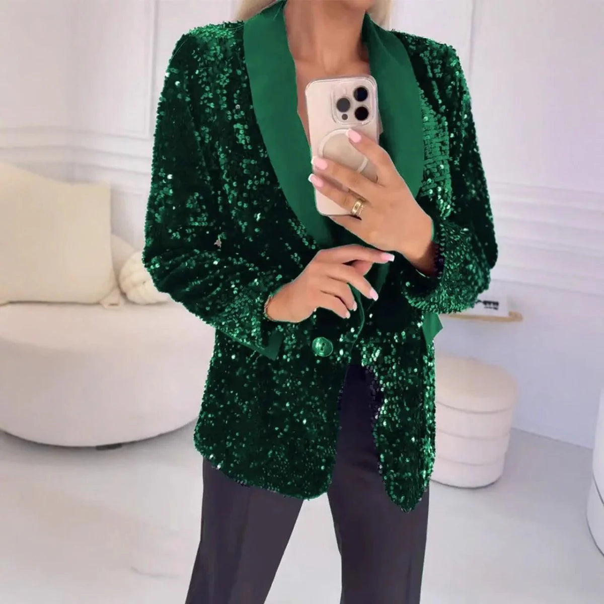 Blazer de Lentejuelas para Mujer con Cuello Chal y Cierre de Un Botón-Blazer for women-Casaluzia