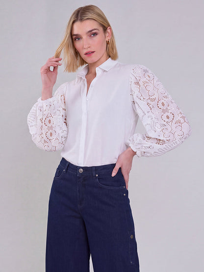 Blusa abotonada con mangas de encaje para mujer-Blouses for women-Casaluzia