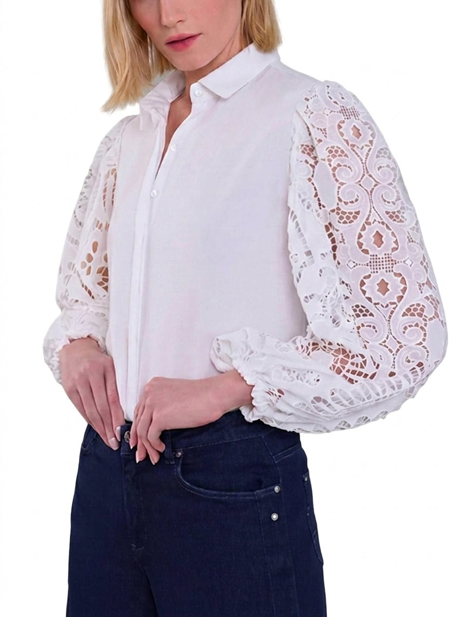Blusa abotonada con mangas de encaje para mujer-Blouses for women-Casaluzia