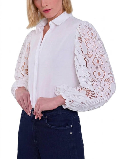 Blusa abotonada con mangas de encaje para mujer-Blouses for women-Casaluzia