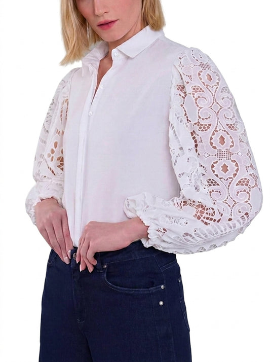 Blusa abotonada con mangas de encaje para mujer-Blouses for women-Casaluzia