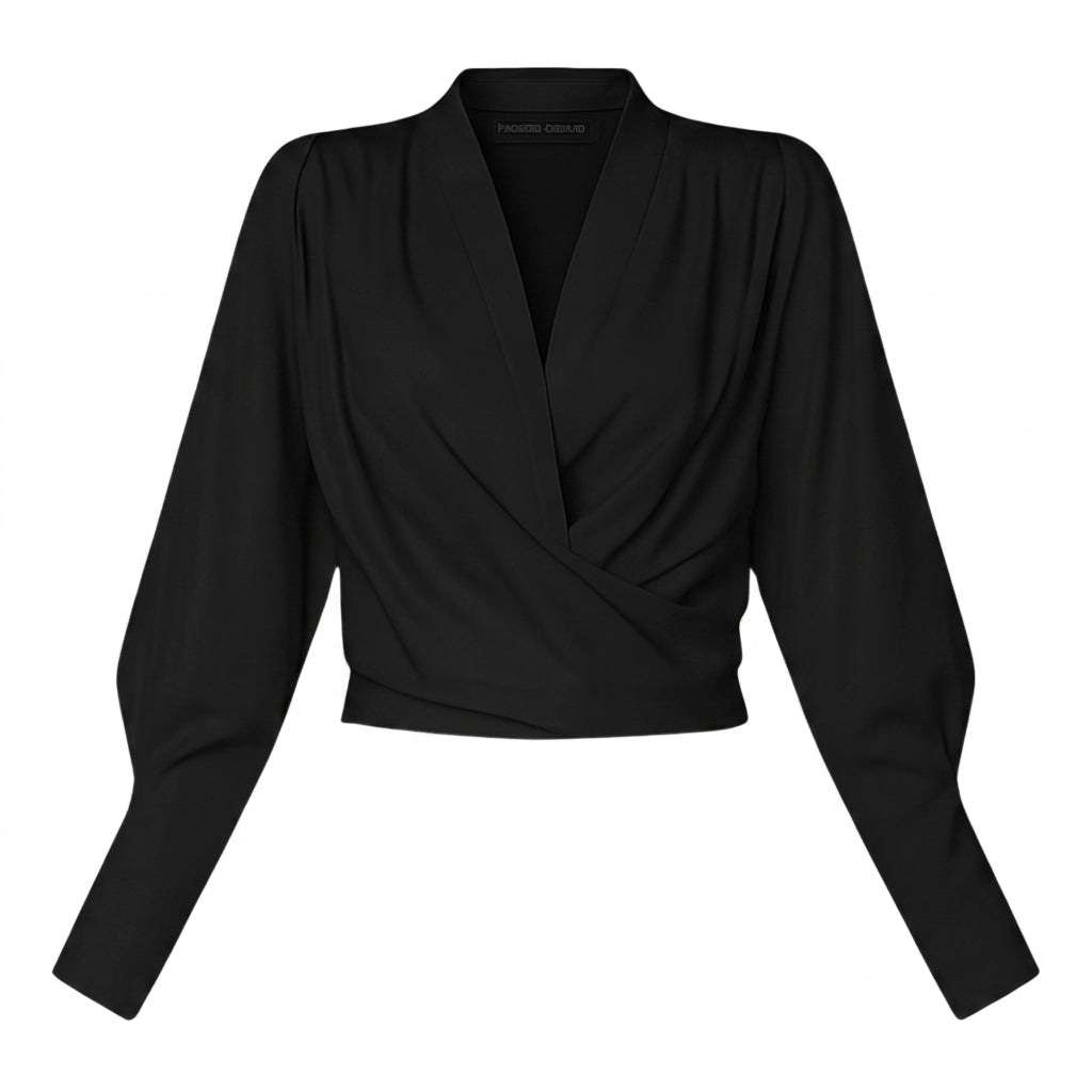 Blusa cruzada de mujer con escote en V, mangas largas y cintura estructurada-Blouse for women-Casaluzia