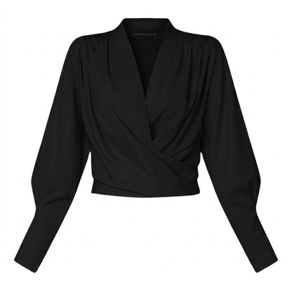 Blusa cruzada de mujer con escote en V, mangas largas y cintura estructurada-Blouse for women-Casaluzia