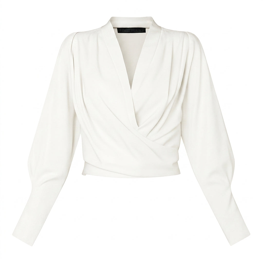 Blusa cruzada de mujer con escote en V, mangas largas y cintura estructurada-Blouse for women-Casaluzia
