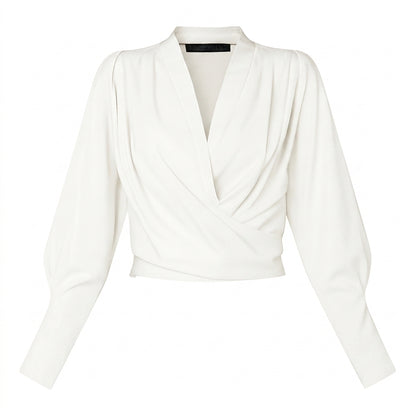Blusa cruzada de mujer con escote en V, mangas largas y cintura estructurada-Blouse for women-Casaluzia