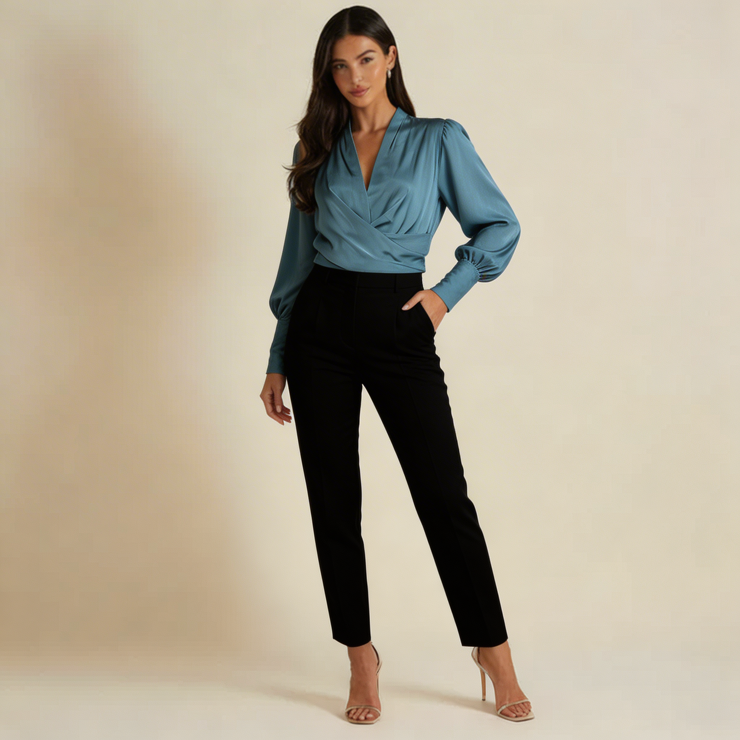 Blusa cruzada de mujer con escote en V, mangas largas y cintura estructurada-Blouse for women-Casaluzia