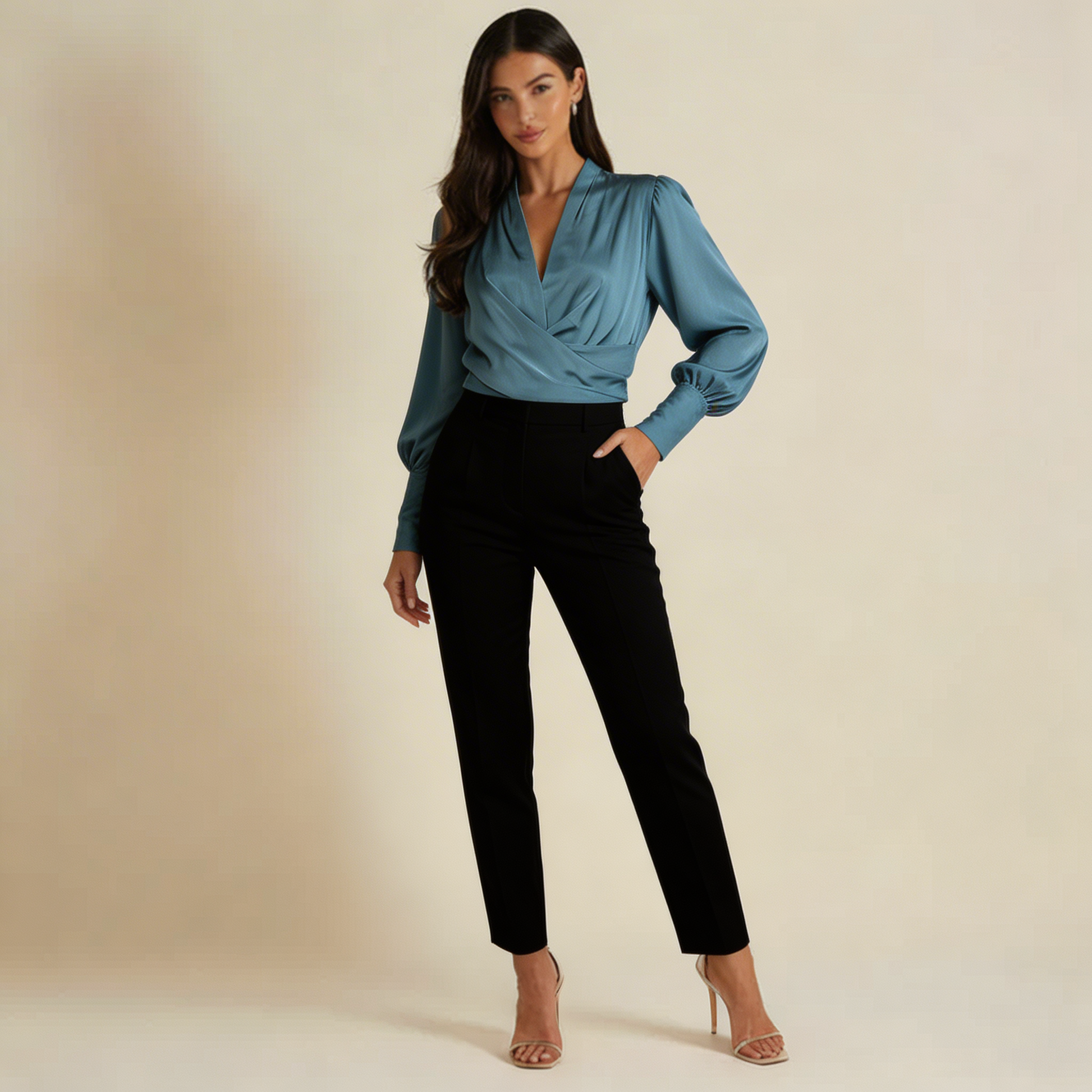Blusa cruzada de mujer con escote en V, mangas largas y cintura estructurada-Blouse for women-Casaluzia