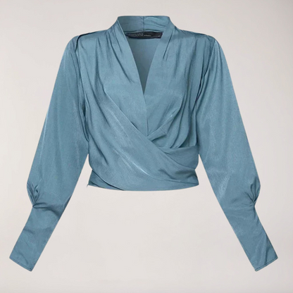 Blusa cruzada de mujer con escote en V, mangas largas y cintura estructurada-Blouse for women-Casaluzia