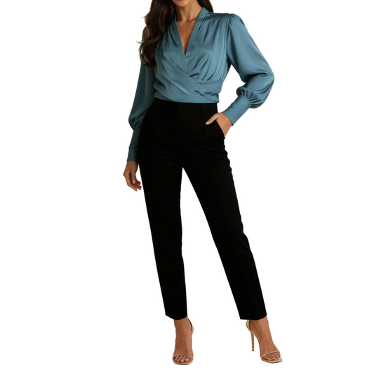 Blusa cruzada de mujer con escote en V, mangas largas y cintura estructurada-Blouse for women-Casaluzia