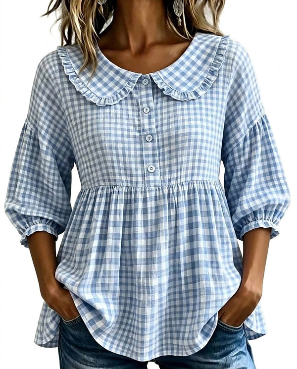 Blusa de cuadros con cuello Peter Pan para mujer-Blouses for women-Casaluzia