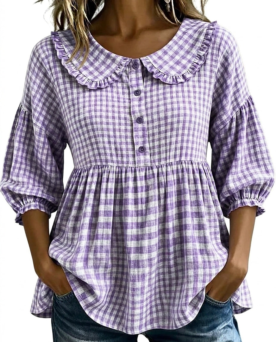 Blusa de cuadros con cuello Peter Pan para mujer-Blouses for women-Casaluzia