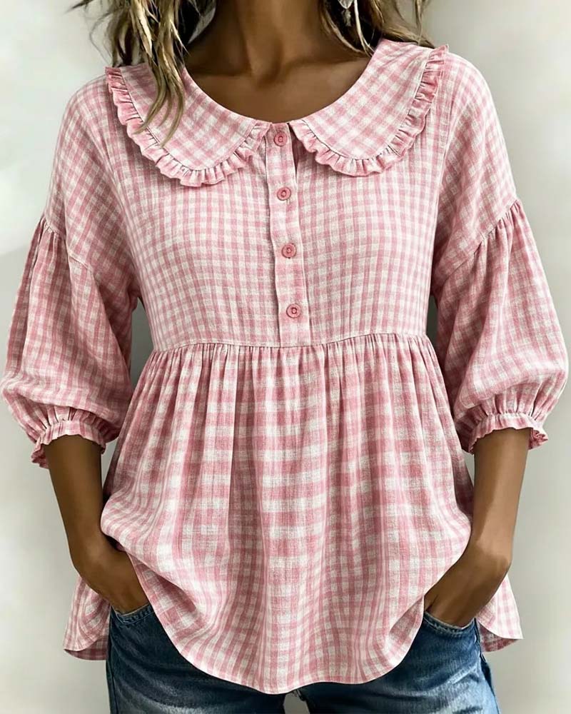 Blusa de cuadros con cuello Peter Pan para mujer-Blouses for women-Casaluzia