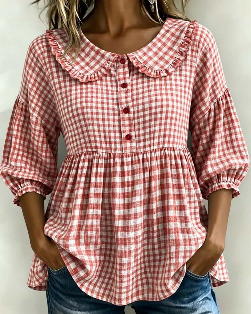 Blusa de cuadros con cuello Peter Pan para mujer-Blouses for women-Casaluzia