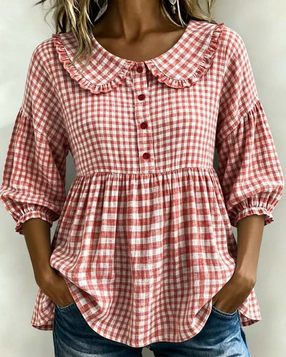 Blusa de cuadros con cuello Peter Pan para mujer-Blouses for women-Casaluzia