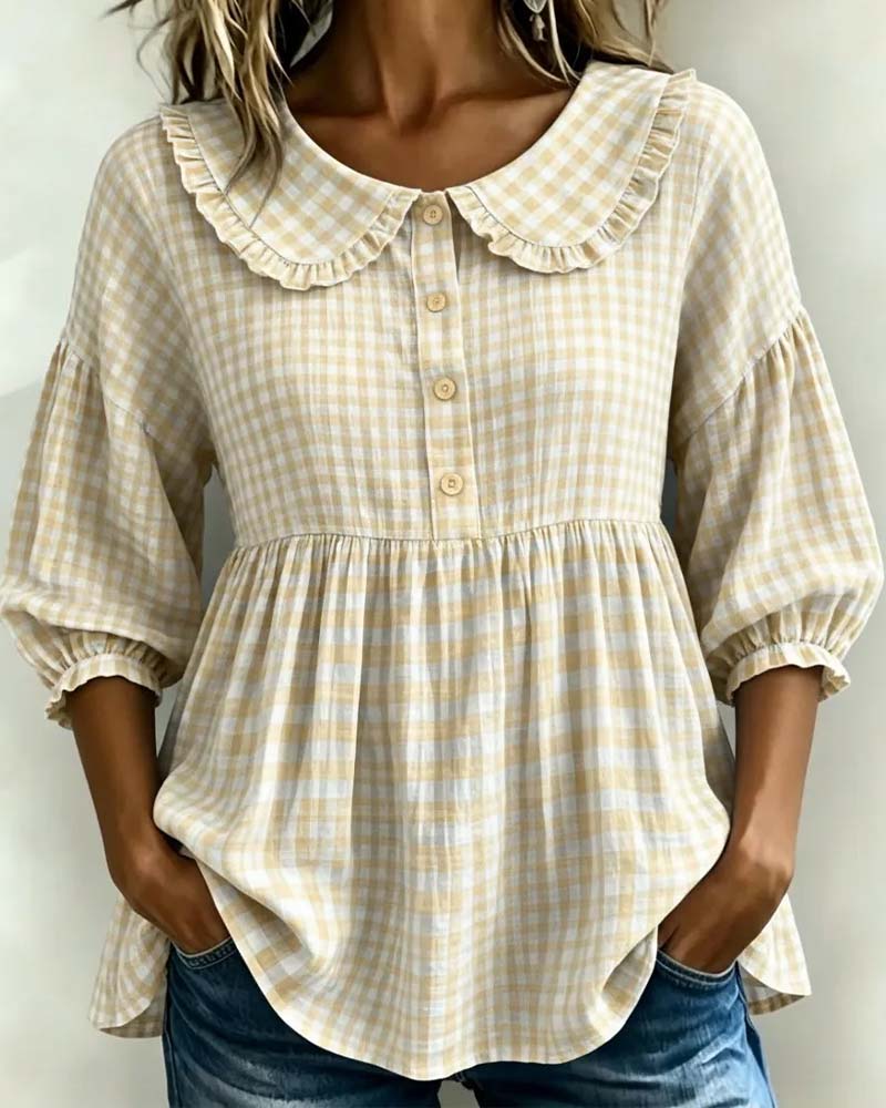 Blusa de cuadros con cuello Peter Pan para mujer-Blouses for women-Casaluzia