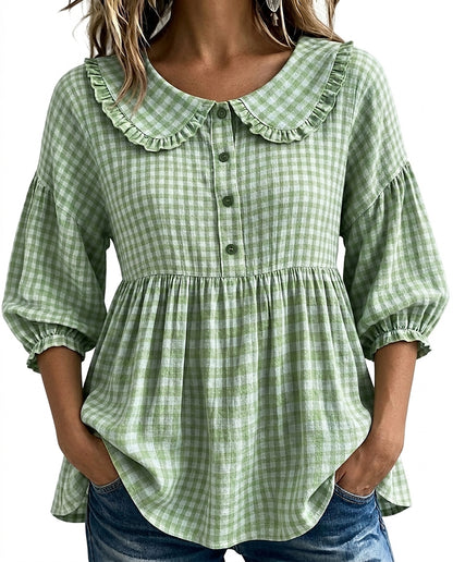Blusa de cuadros con cuello Peter Pan para mujer-Blouses for women-Casaluzia