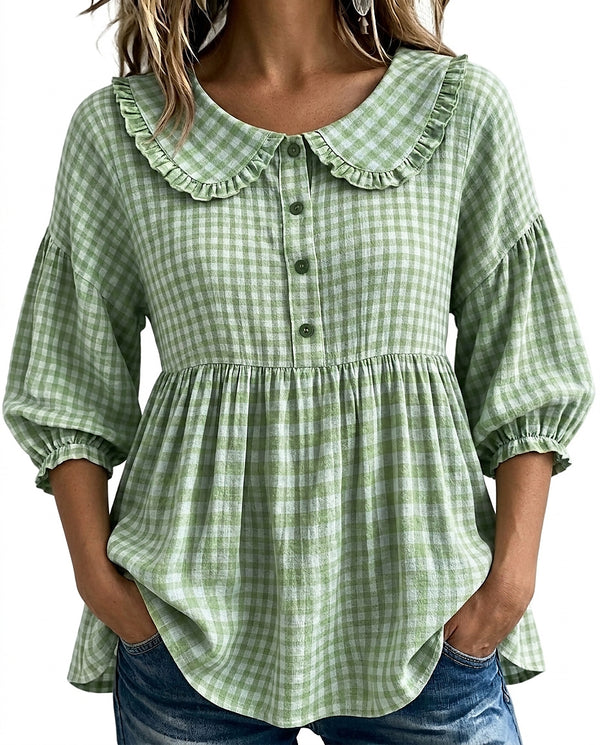 Blusa de cuadros con cuello Peter Pan para mujer-Blouses for women-Casaluzia