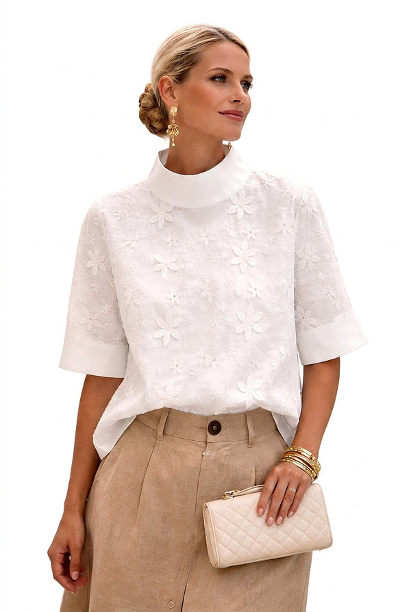 Blusa de cuello alto con bordado floral para mujer-Blouses for women-Casaluzia