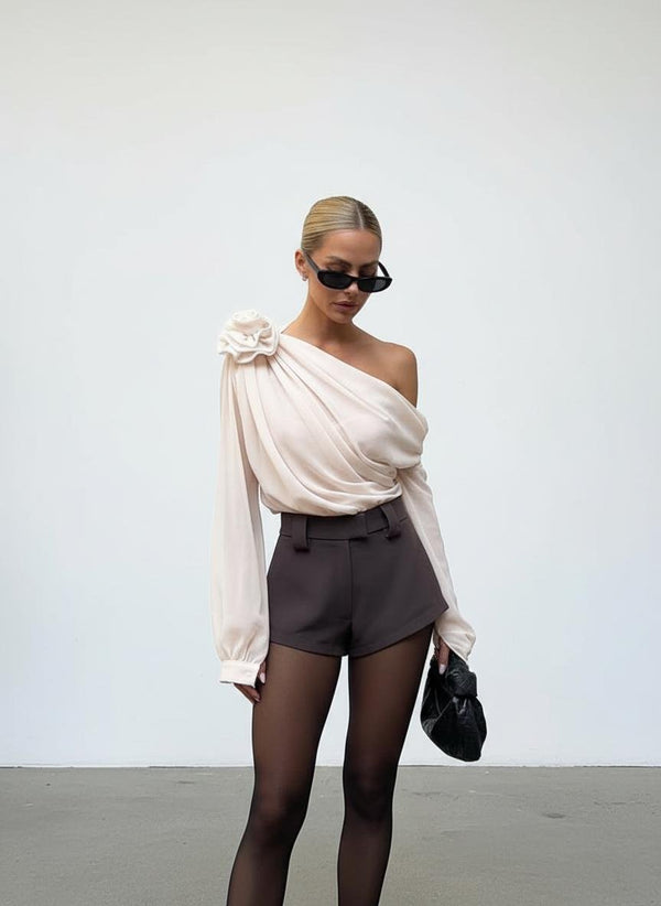 Blusa de gasa con un hombro al descubierto para mujer-Blouses for women-Casaluzia