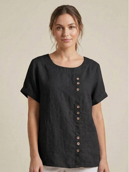 Blusa de lino de manga corta para mujer con detalle de botones-Blouses for women-Casaluzia