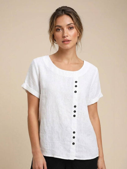 Blusa de lino de manga corta para mujer con detalle de botones-Blouses for women-Casaluzia