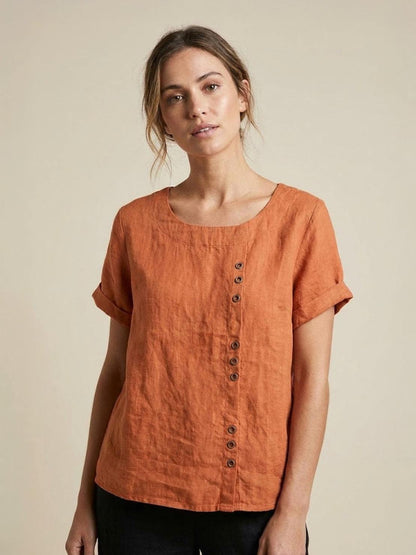 Blusa de lino de manga corta para mujer con detalle de botones-Blouses for women-Casaluzia