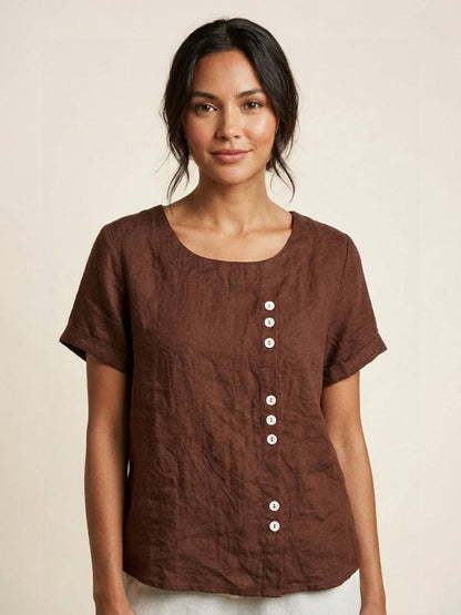 Blusa de lino de manga corta para mujer con detalle de botones-Blouses for women-Casaluzia
