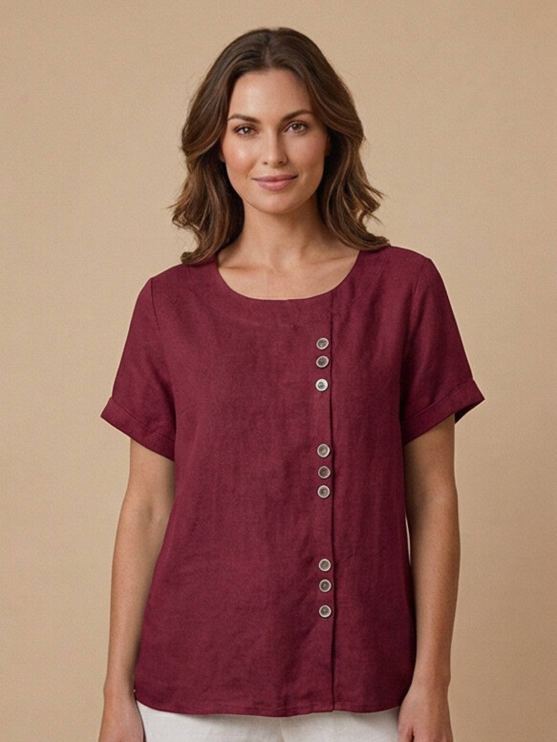 Blusa de lino de manga corta para mujer con detalle de botones-Blouses for women-Casaluzia