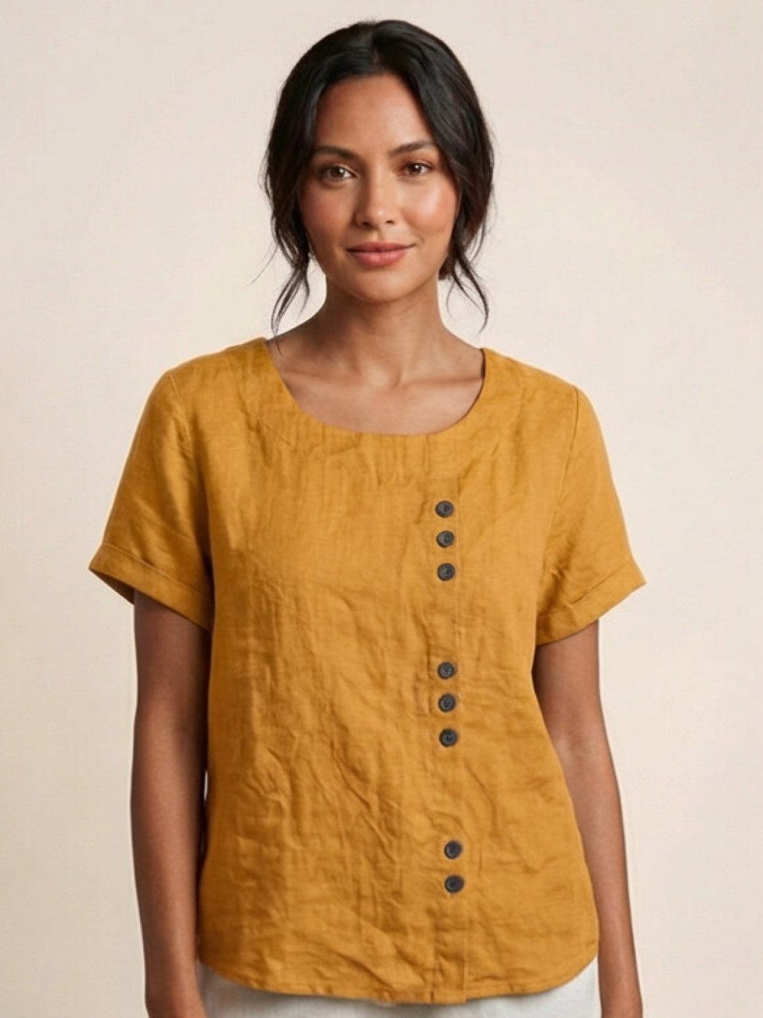 Blusa de lino de manga corta para mujer con detalle de botones-Blouses for women-Casaluzia