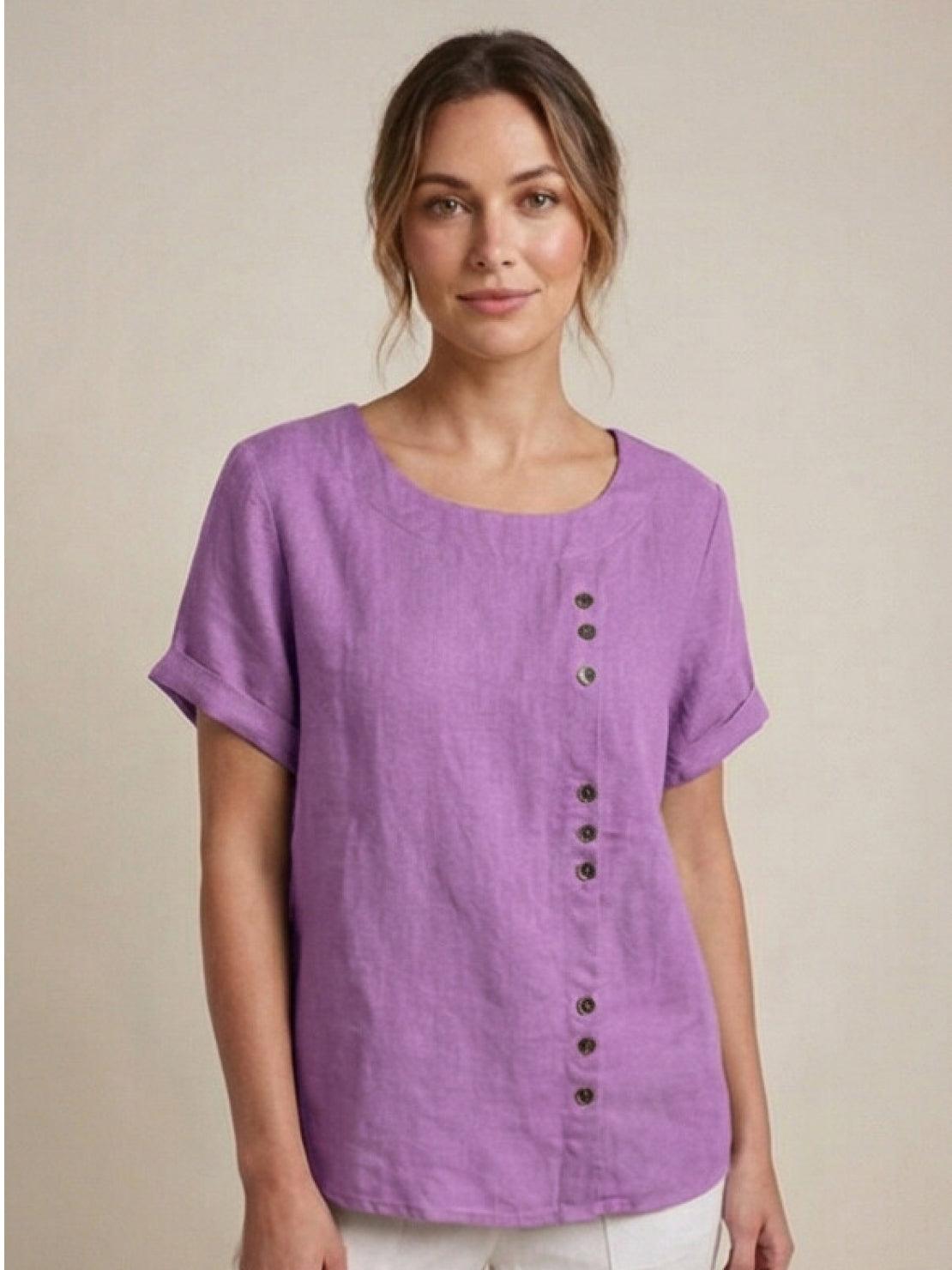 Blusa de lino de manga corta para mujer con detalle de botones-Blouses for women-Casaluzia